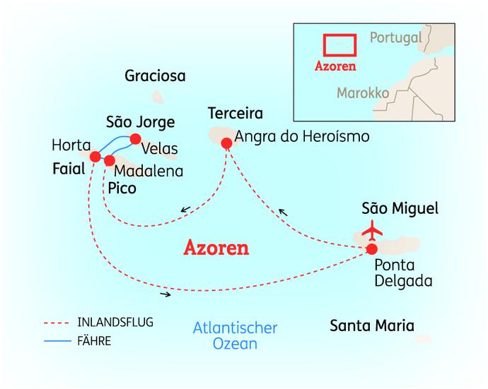 Reiseroute der 15 Tage Azoren Reise