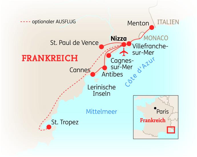Reiseroute der 8 Tage Côte d´Azur Reise