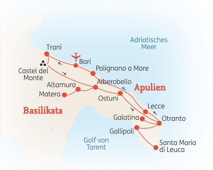 Reiseroute der 10-tägigen Apulien Reise