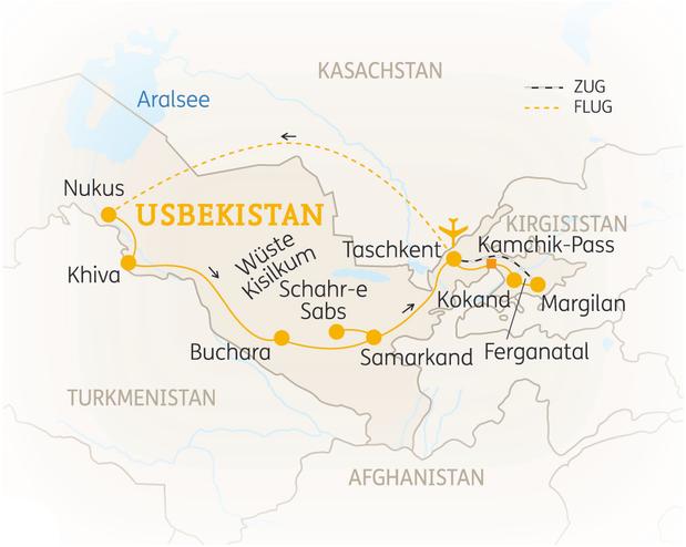 Reiseroute der 15 Tage Usbekistan Reise