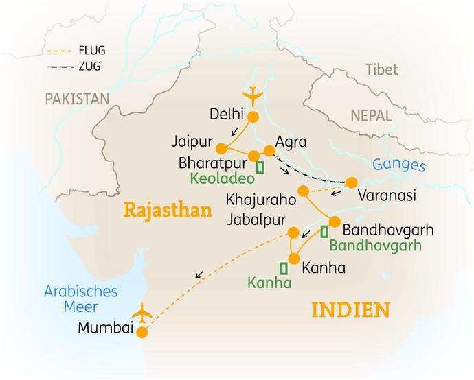 Reiseroute der 18-tägigen Indienreise 