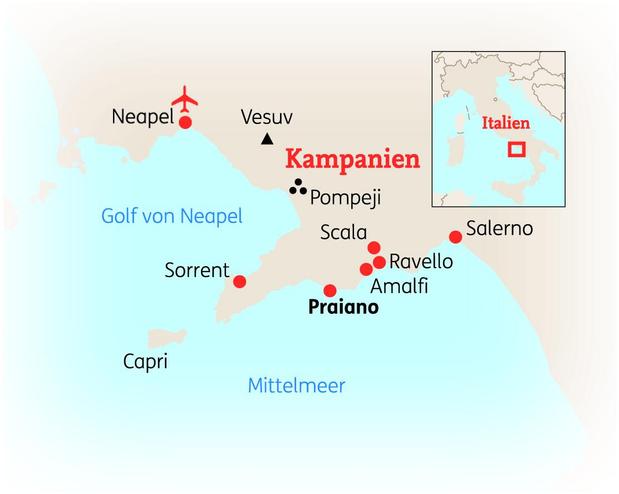 Reiseroute der 8 Tage Golf von Neapel & Amalfiküste Reise