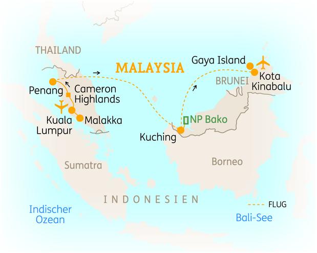 Reiseroute der 15 Tage Malaysia Reise