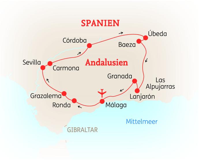Reiseroute der 9 Tage Andalusien Reise