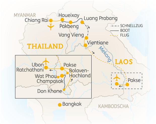 Reiseroute der 15 Tage Laos Reise