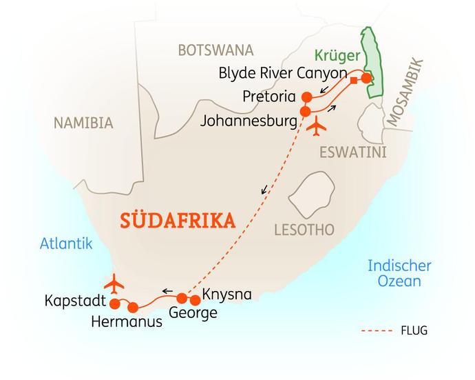 Reiseroute der 13 Tage Südafrika Reise
