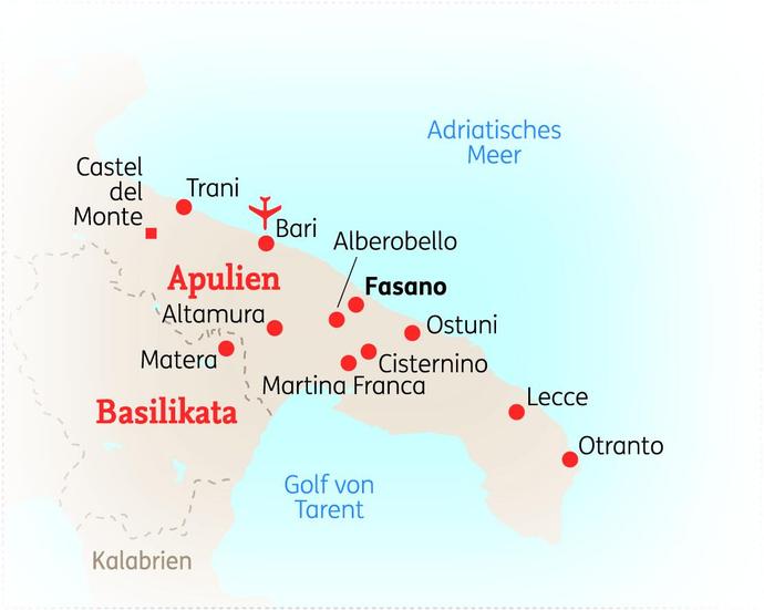 Reiseroute der 8 Tage Apulien Reise