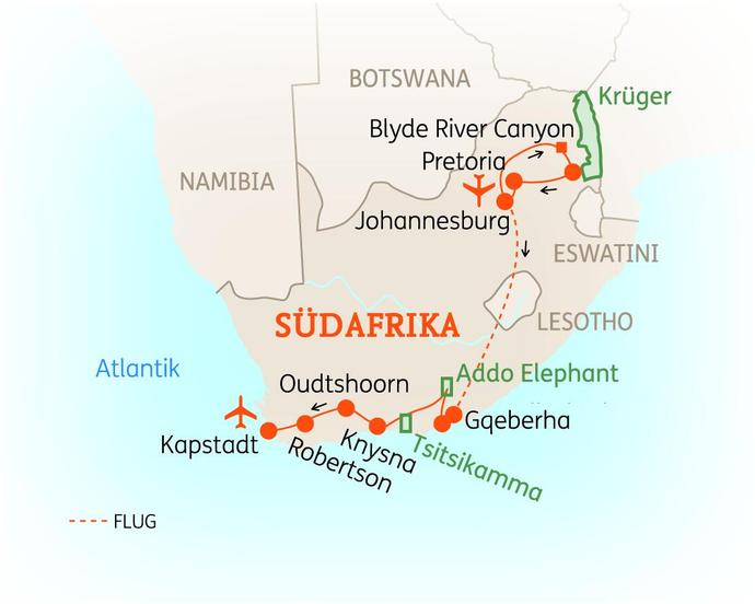 Reiseroute der 15 Tage Südafrika Reise 