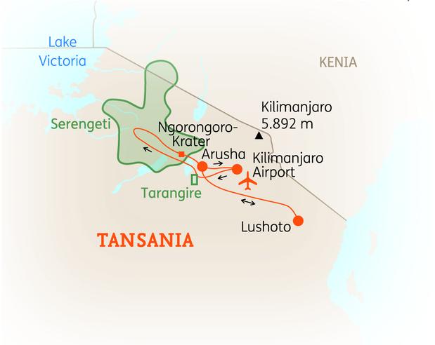 Reiseroute der 14 Tage Tansania Reise
