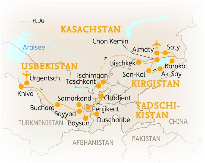 Reiseroute der 22 Tage Kombireise durch Usbekistan, Tadschikistan, Kirgisistan und Kasachstan 