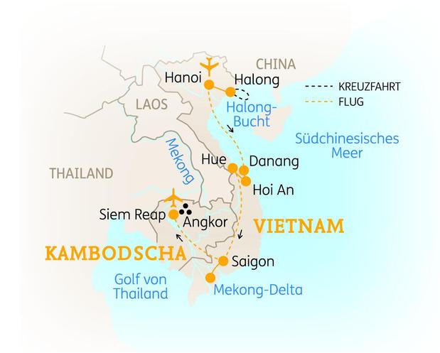 Reiseroute der 15 Tage Vietnam & Kambodscha Reise