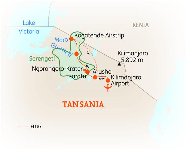 Reiseroute der 10 Tage Tansania  Reise