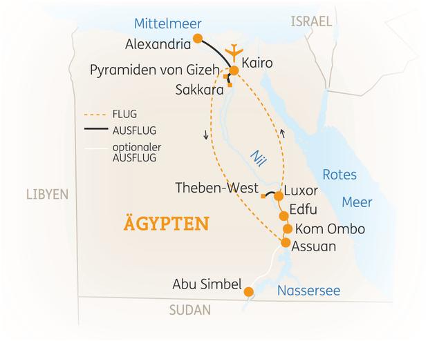 Reiseroute der 9 Tage Ägypten Reise