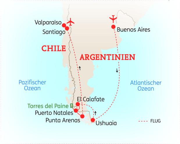 Reiseroute der 15 bis 16 Tage Argentinien & Chile Reise