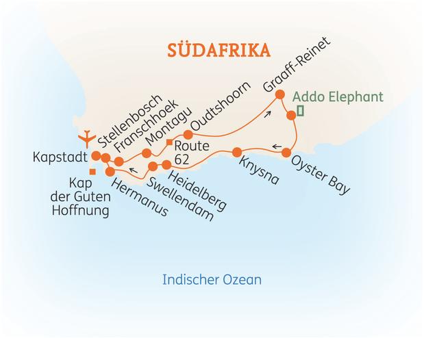 Reiseroute der 18 Tage Südafrika Reise