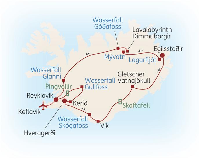 Reisroute der 8-tägigen Islandreise