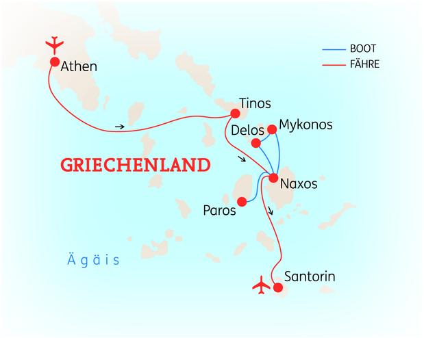 Reiseroute der 11 Tage Kykladen & Athen Reise