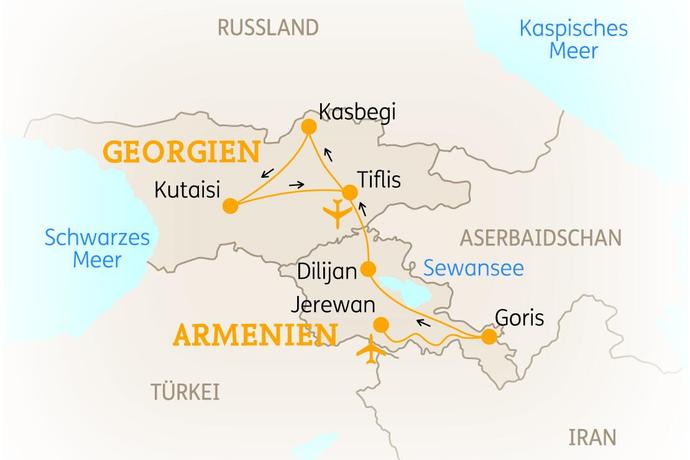 Reiseroute der 13-tägigen Armenien & Georgien Rundreise 