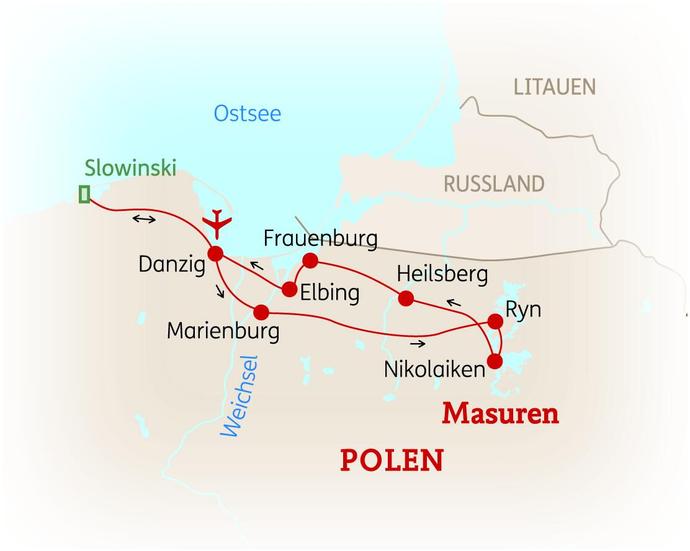 Reiseroute der 8-tägigen Danzig und Masuren Reise