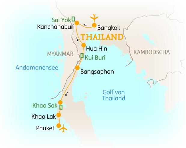 Reiseroute der 13 Tage Thailand Rundreise mit Strandaufenthalt auf Khao Lak