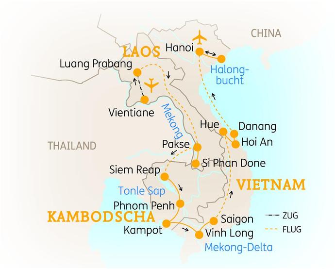 Reiseroute der 25 Tage Laos Kambodscha und Vietnam Reise