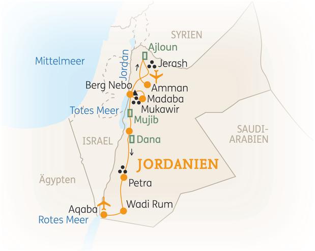 Reiseroute der 11 Tage Jordanien Reise