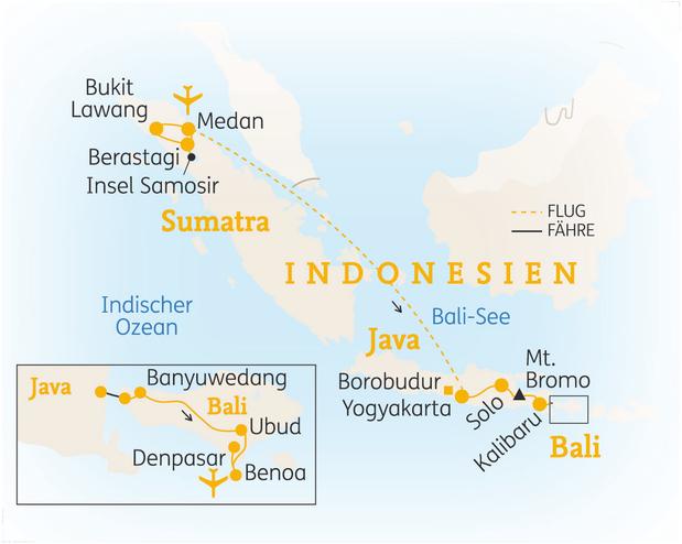 Reiseroute der 20-tägigen Sumatra, Java & Bali / Indonesien Rundreise