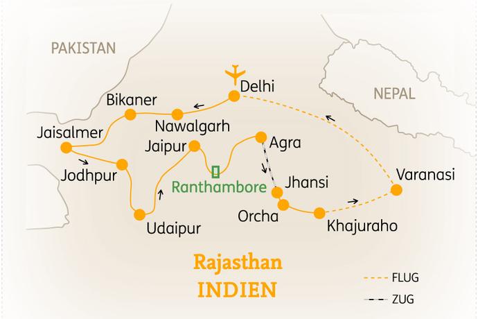 Reiseroute der 20 Tage Indien Reise