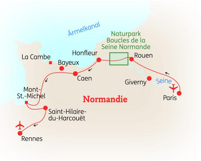 Reiseroute der 8 Tage Normandie Reise