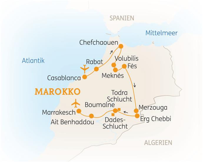Reiseroute der 10 Tage Marokko Reise