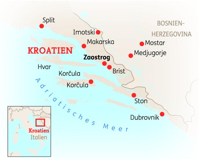 Reiseroute der 8 Tage Dalmatien Reise