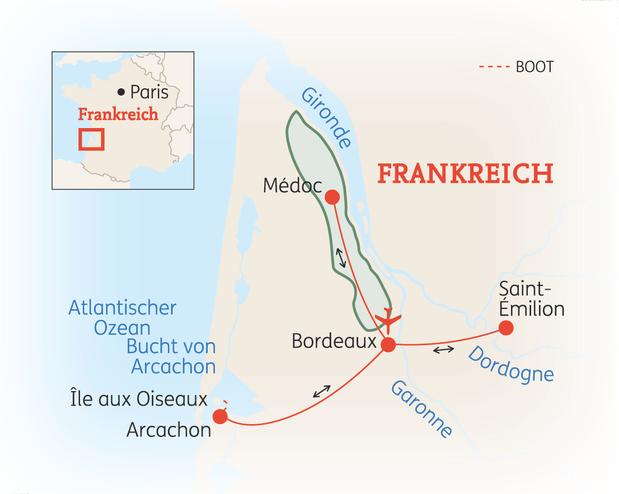 Reiseroute der 8-tägigen Bordeaux & Atlantik Rundreise 