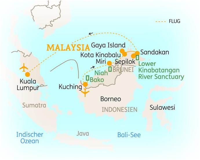 Reiseroute der 16-tägigen Malaysia Reise 