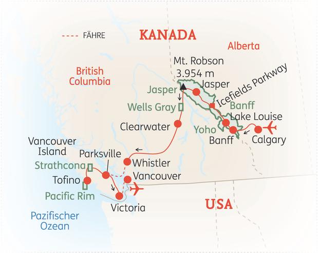 Reiseroute der 15 Tage Kanada Reise