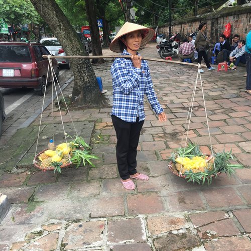 Strassenverkaeuferin mit frischer Ananas, Vietnam