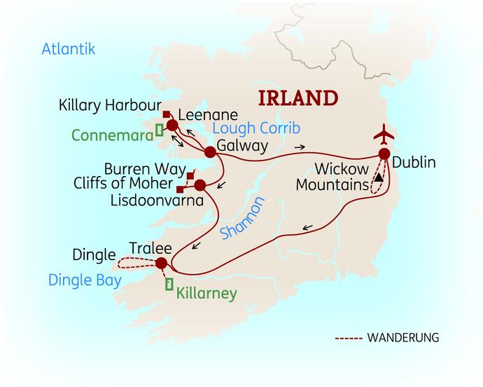 Reiseroute der 10 Tage Irland Reise