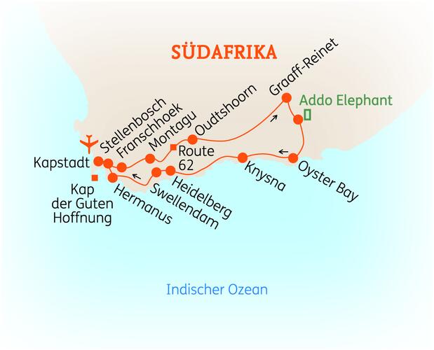 Reiseroute der 18 Tage Südafrika Reise