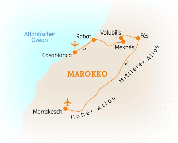 Reiseroute der 8 Tage Marokko Reise