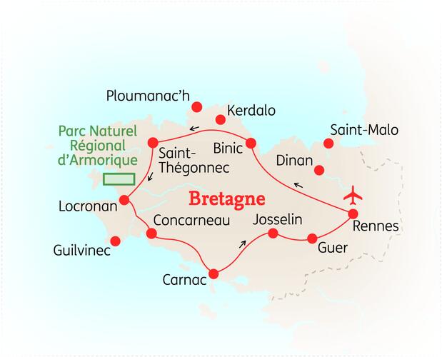 Reiseroute der 8 Tage Bretagne Reise