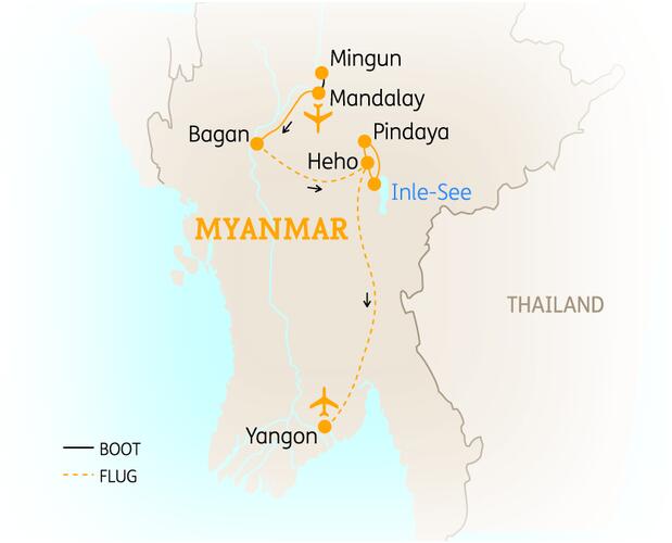 Reiseroute der 15 Tage Myanmar Reise