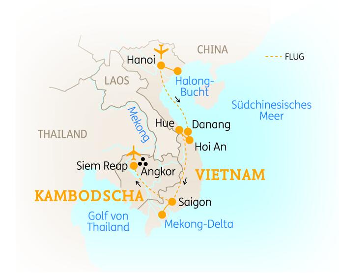 Reiseroute der 17 Tage Vietnam & Kambodscha Reise