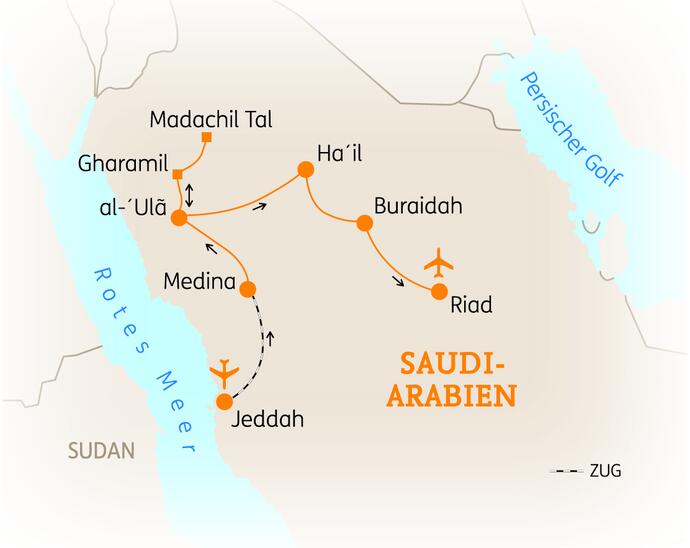 Reiseroute der 9 Tage Saudi Arabien Reise