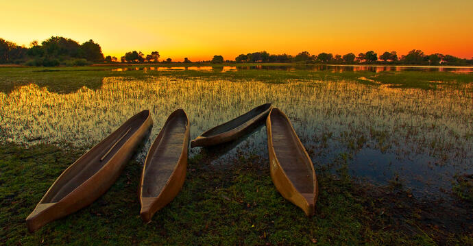 Mokoro-Kanus am Okavango Delta 