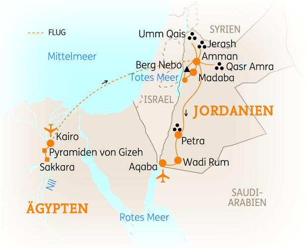 Reiseroute der 12 Tage Ägypten & Jordanien Reise
