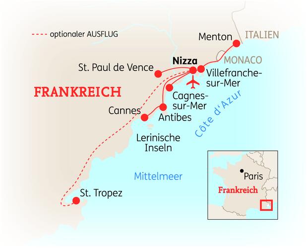 Reiseroute der 8 Tage Côte d´Azur Reise
