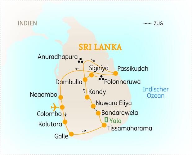 Reiseroute der 14-tägigen Sri Lanka Reise