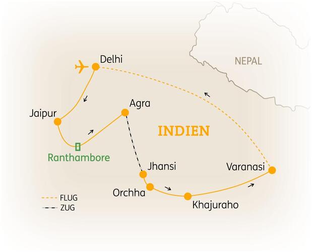 Reiseroute der 14 Tage Indien Reise