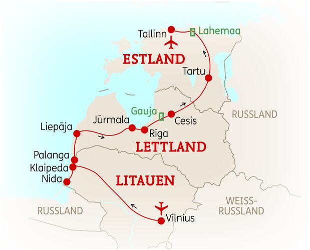 Reiseroute der 13 Tage Baltikum Reise