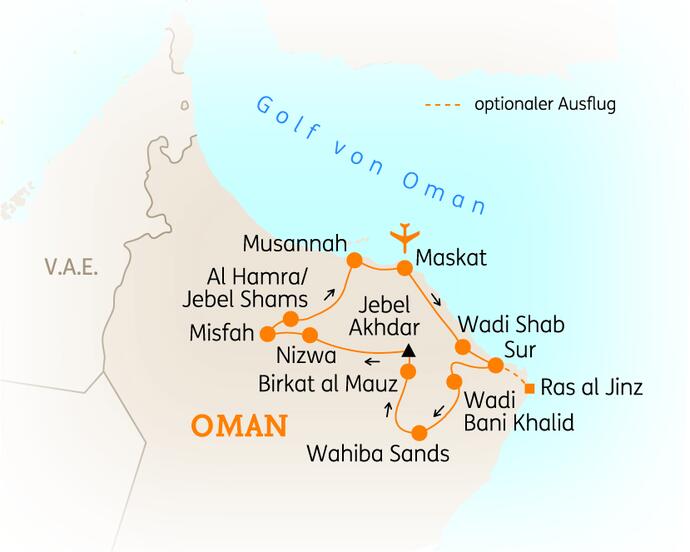 Reiseroute der 8 Tage Oman Reise