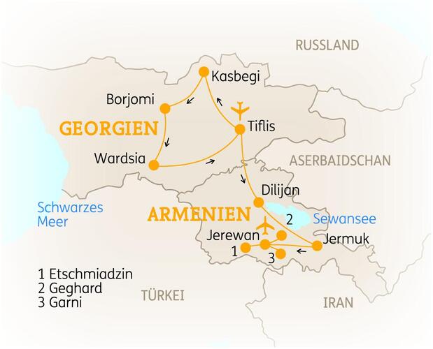 Reiseroute der 14-tägigen Georgien & Armenien Rundreise 